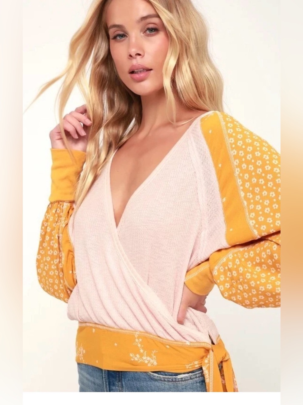Free People Auxton Thermal Wrap Top Size Medium Pink Yellow Floral